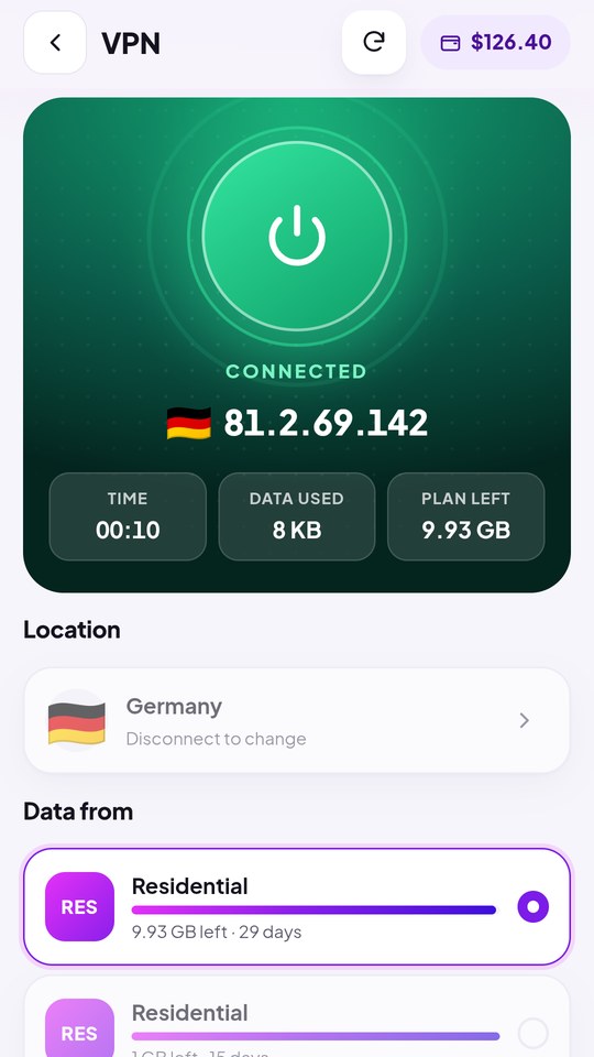 The VPN in the PinkProxies Android app